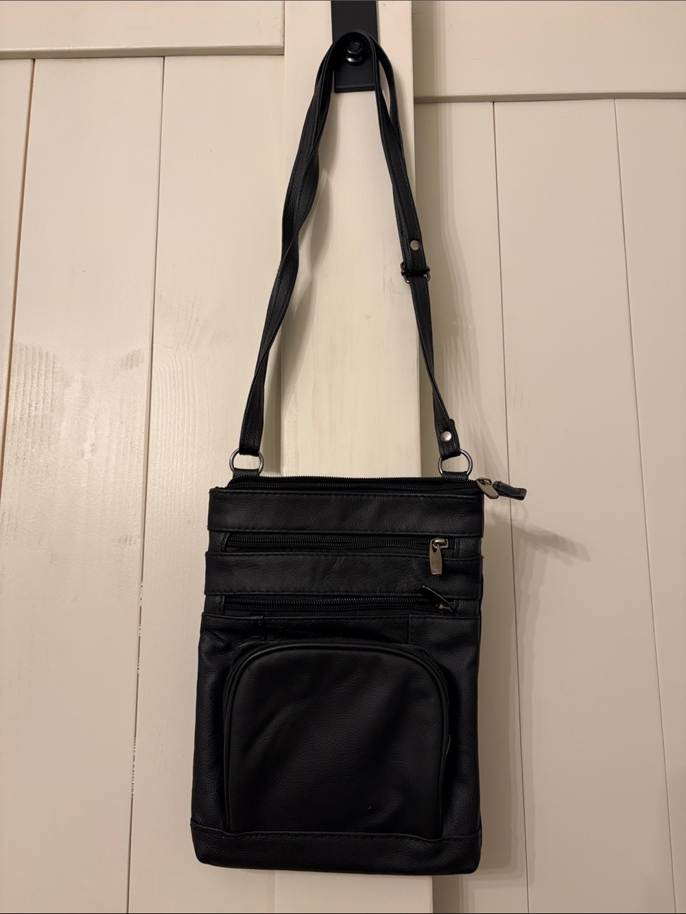 Classic  Leather Black Women's Messenger Bag with Front Pocket